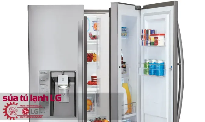 Stainless steel LG refrigerator with open doors, showing organized interior shelves and cold storage.