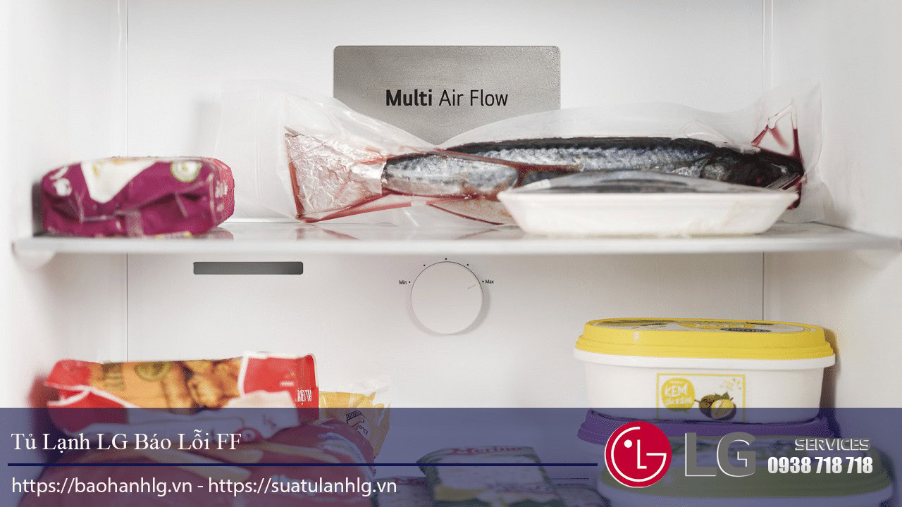 Cold storage LG refrigerator with fault FF error code, showing frozen fish and other food items inside the fridge. Perfect for LG refrigerator repair services and warranty support.