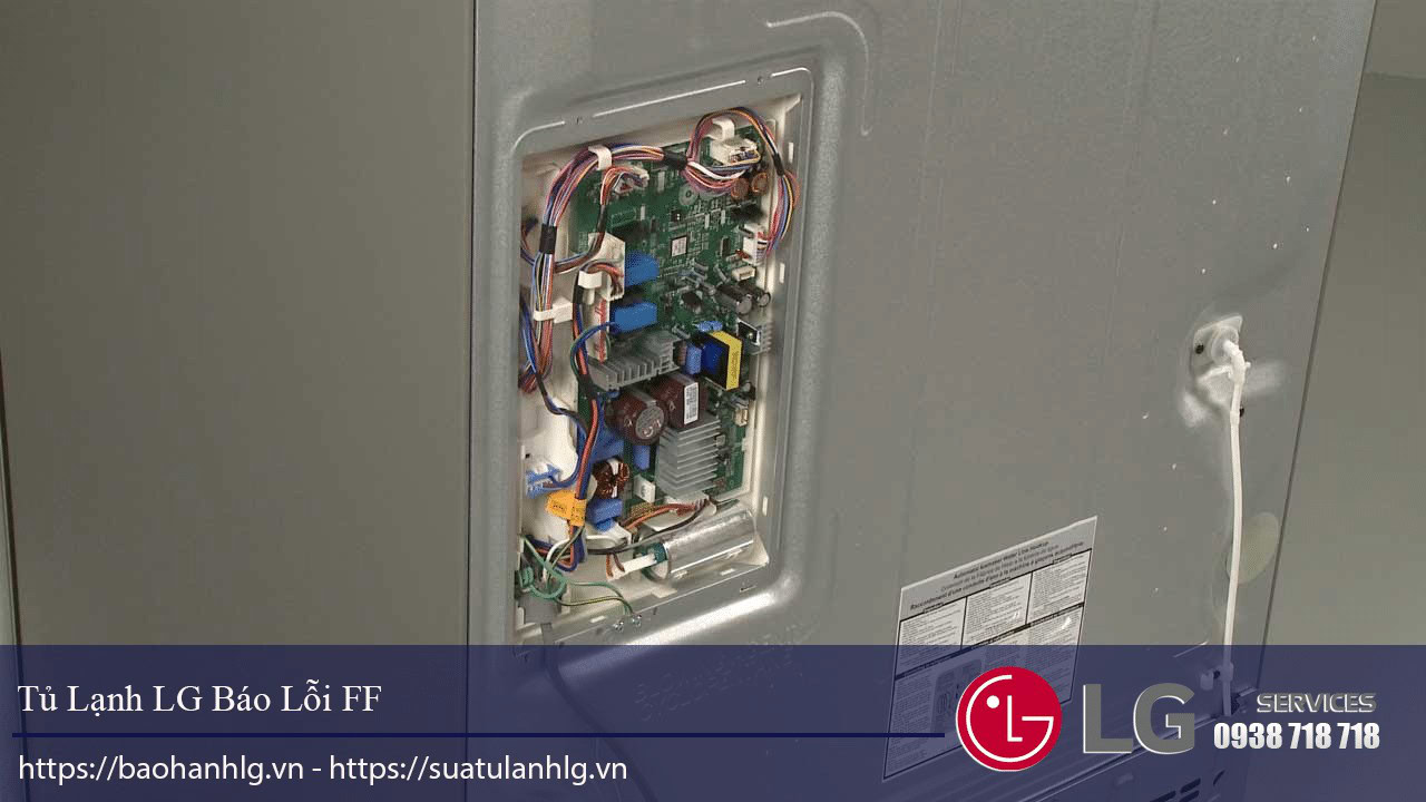 Internal view of LG refrigerator control board with electronic components, wiring, and repair access for LG refrigerator fault diagnosis.